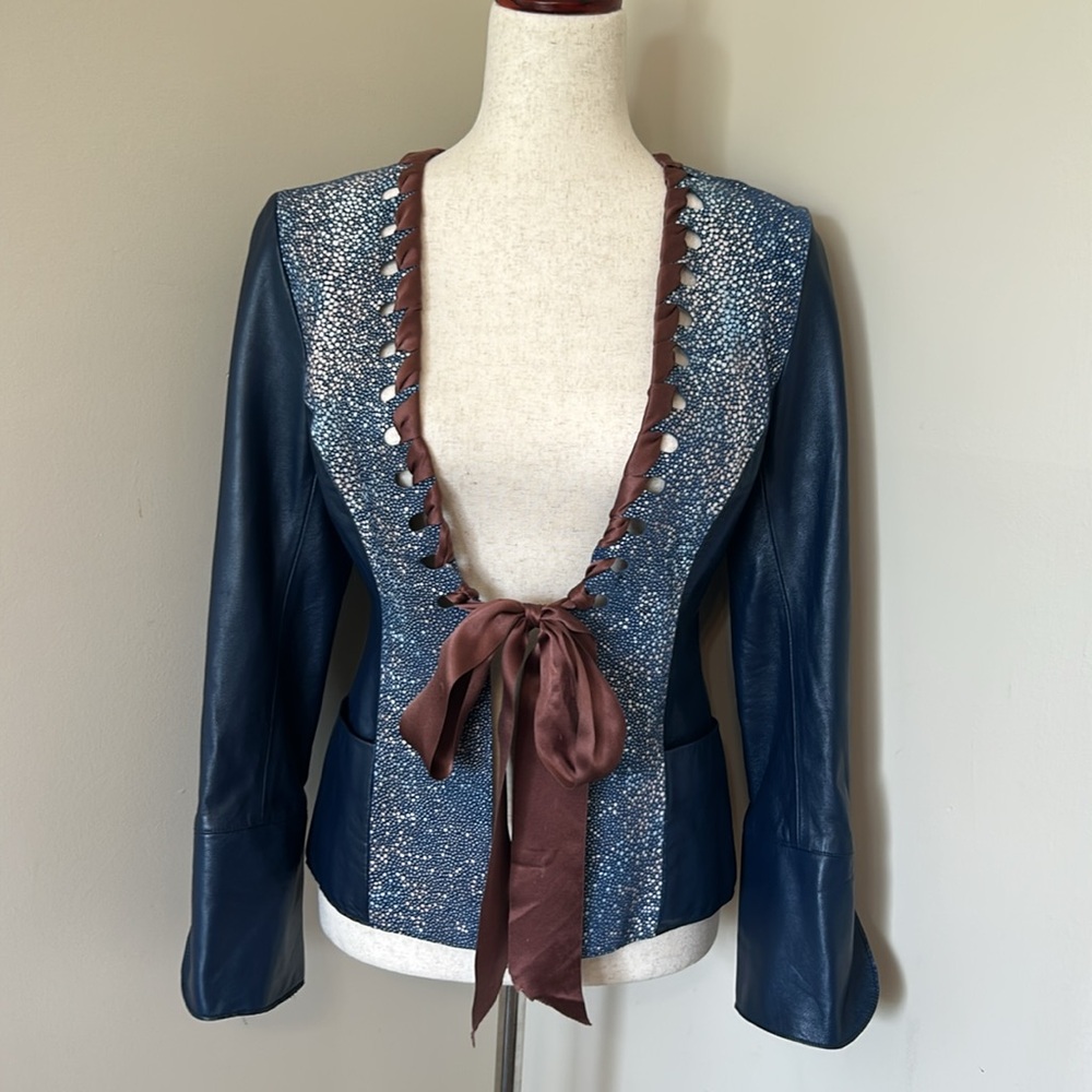 Dianaira Blue Leather Jacket Embossed Suede Polka Dots Cutout Brown Ribbon 0 6/8